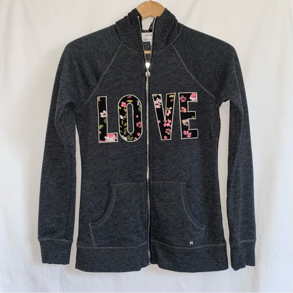 Victoria’s Secret | Floral 'LOVE' Graphic Full Zip Fleece Lined Hoodie Dark Gray